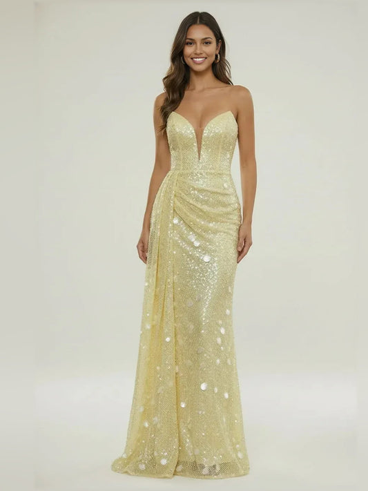 Yellow mermaid floor-length formal dress with sweetheart neckline, full-length front view