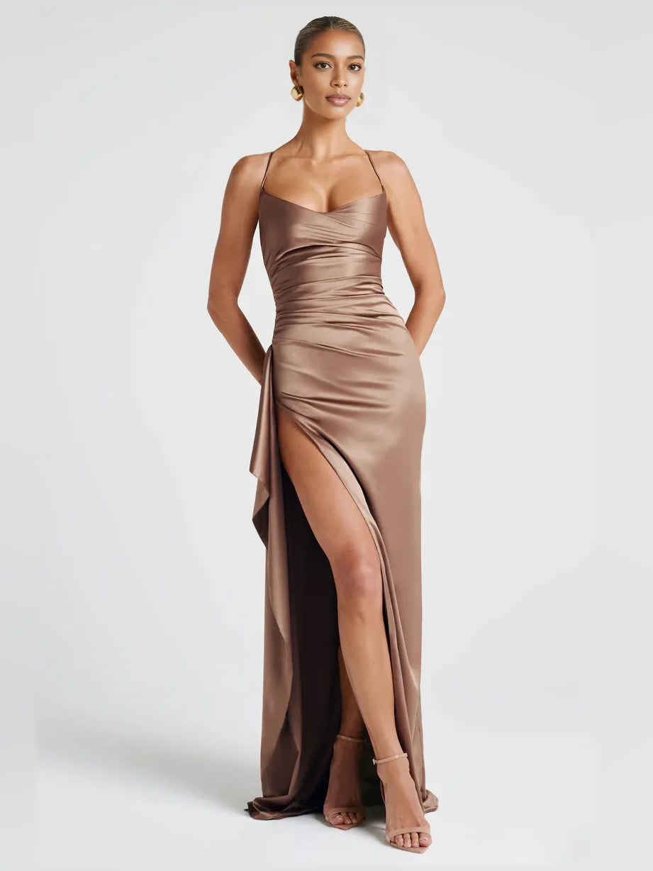 Taupe sheath floor-length formal dress with cowl neckline, full-length front view