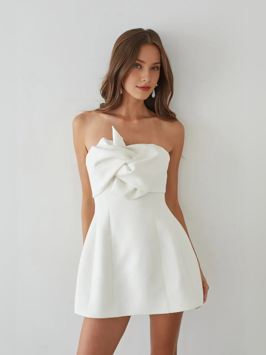 White mini homecoming dress, alternate view showing the full-length silhouette