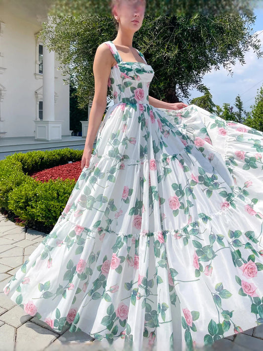 Floral maxi prom dress, front view showing the a-line silhouette