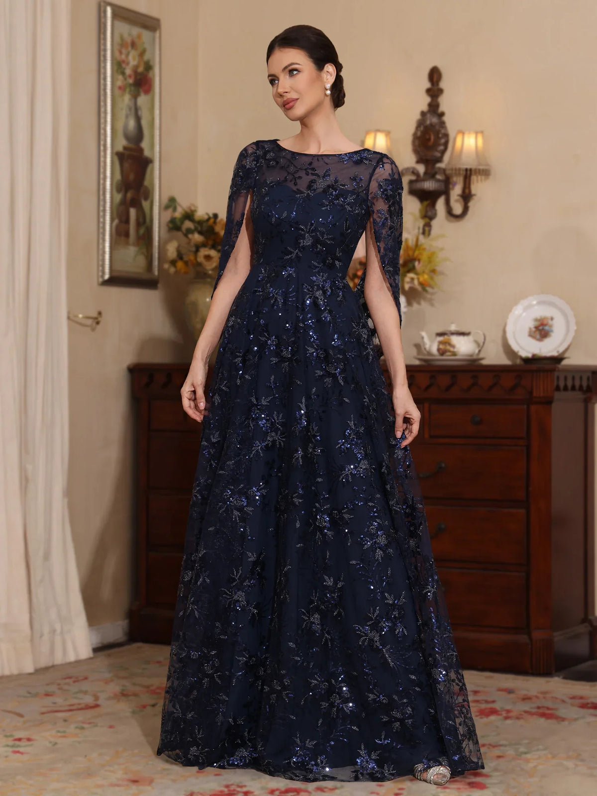 Dark Navy floor-length mother of the bride dress, front view showing the a-line silhouette