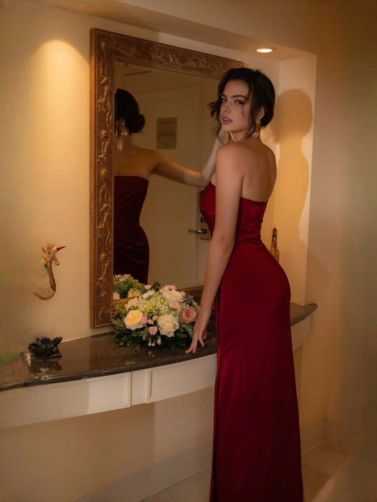 Champagne maxi prom dress, front view showing the sheath silhouette