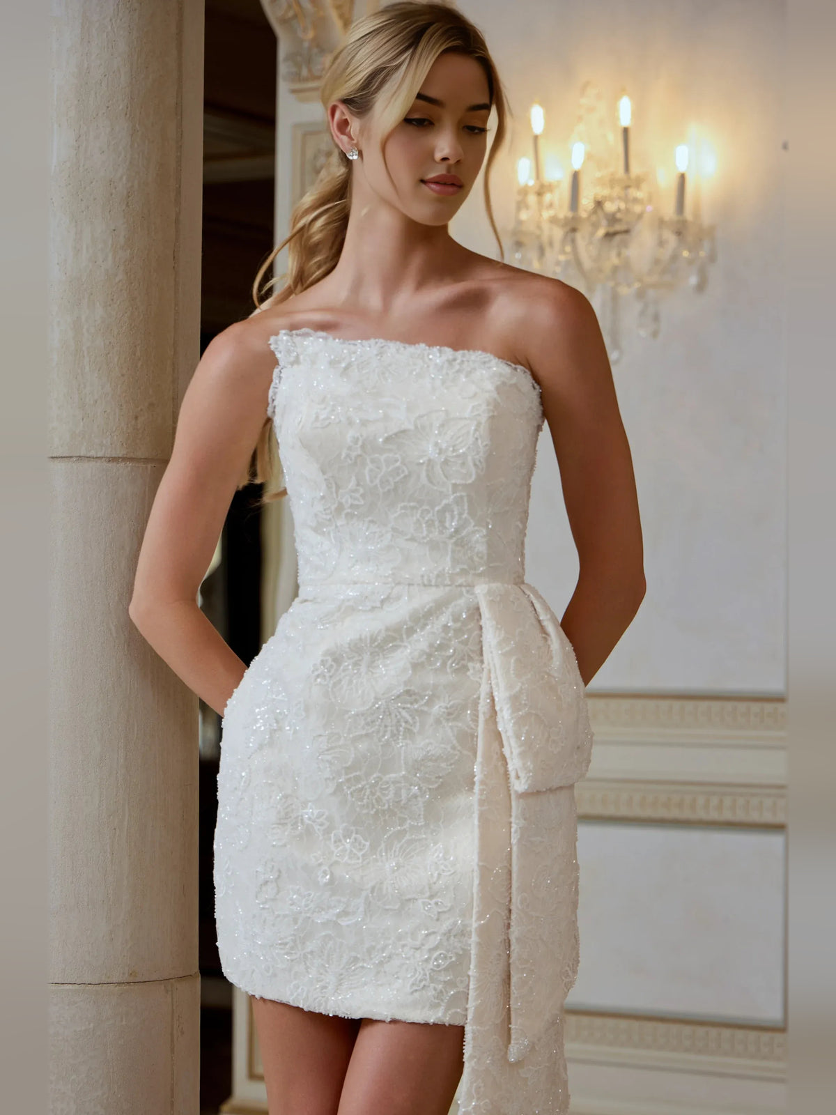 Ivory mini homecoming dress, alternate view showing the full-length silhouette