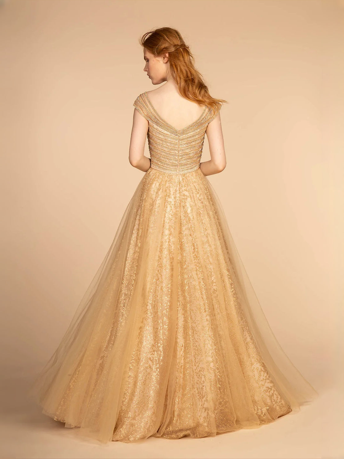 Silver floor-length prom dress, front view showing the a-line silhouette