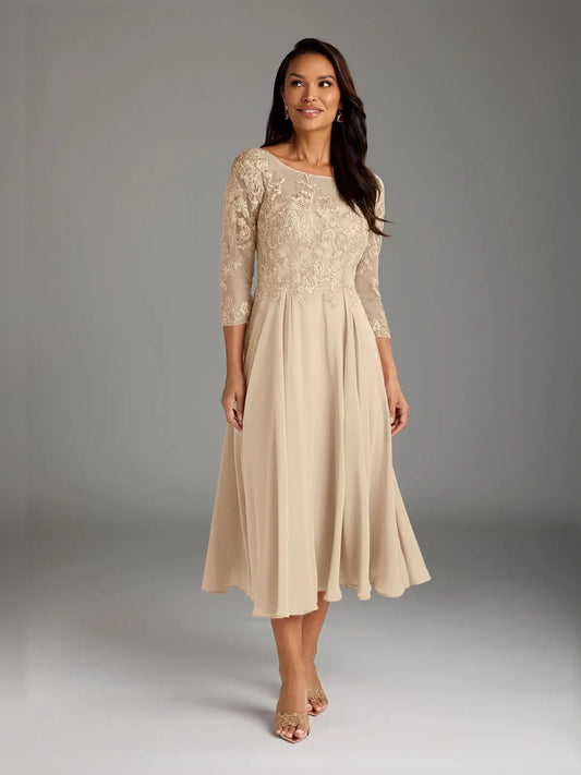 Champagne midi mother of the bride dress, front view showing the a-line silhouette