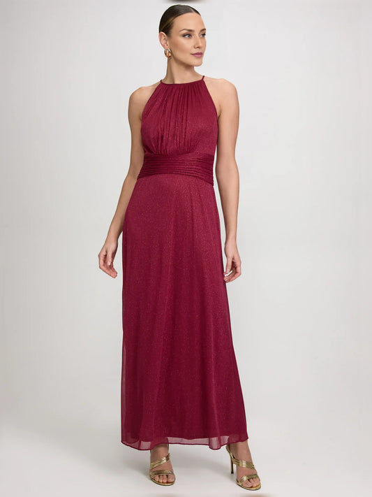 Burgundy a-line floor-length formal dress with halter neckline, full-length front view