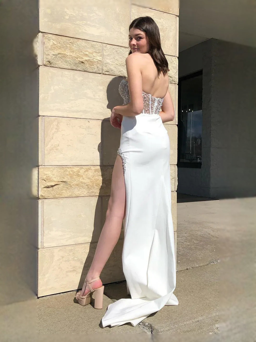 White maxi prom dress, front view showing the mermaid silhouette