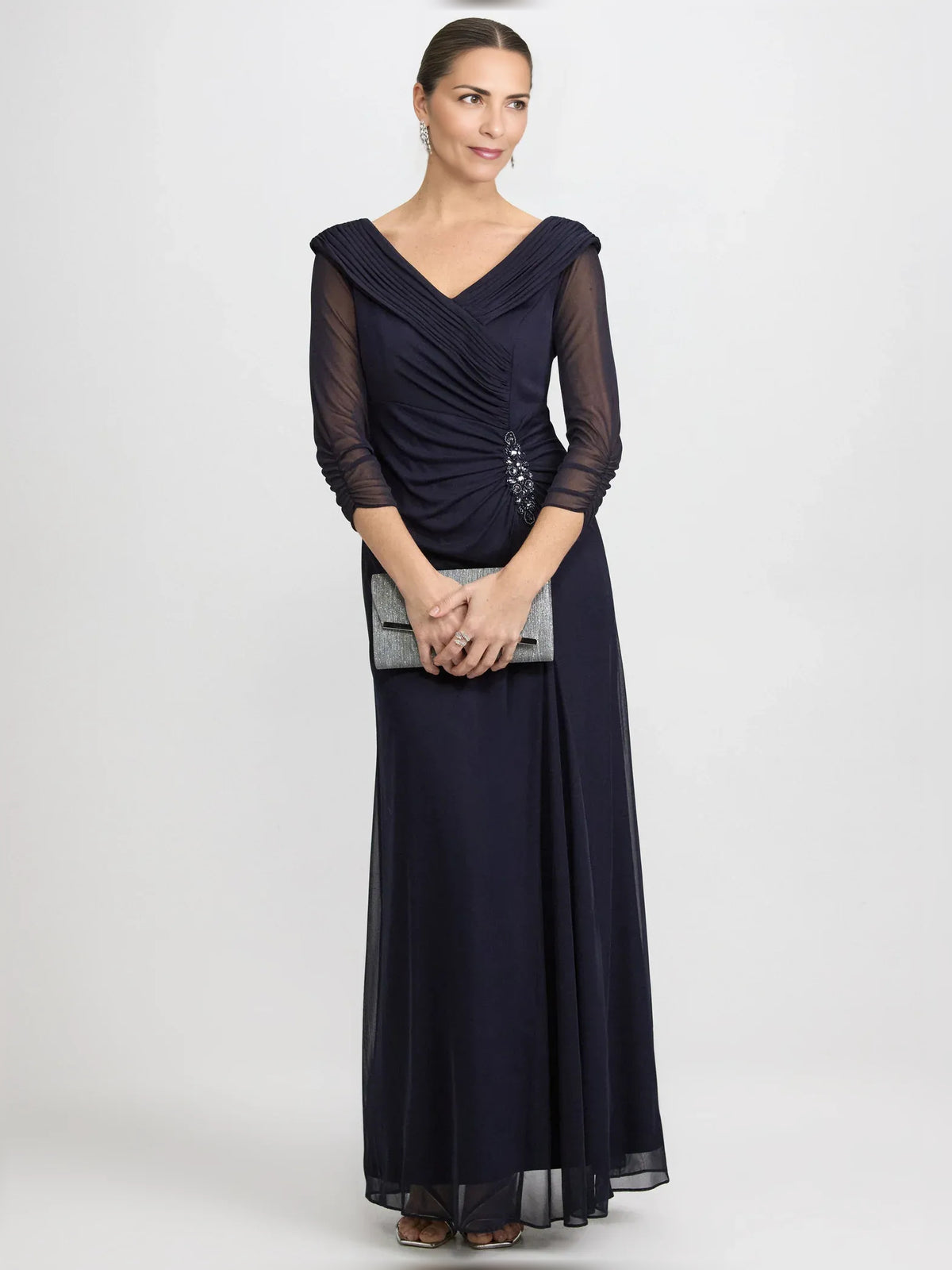 Dark Navy floor-length mother of the bride dress, front view showing the a-line silhouette