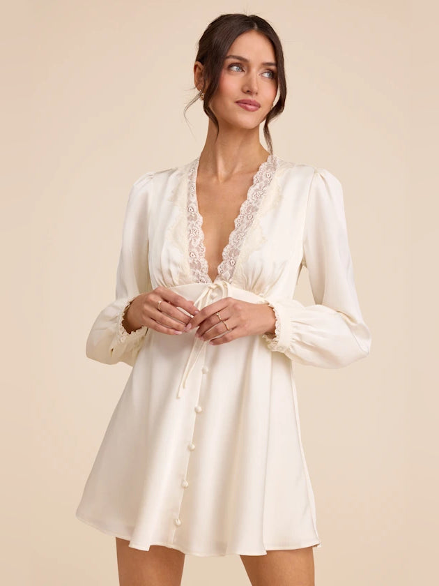 Ivory mini homecoming dress, front view showing the silhouette