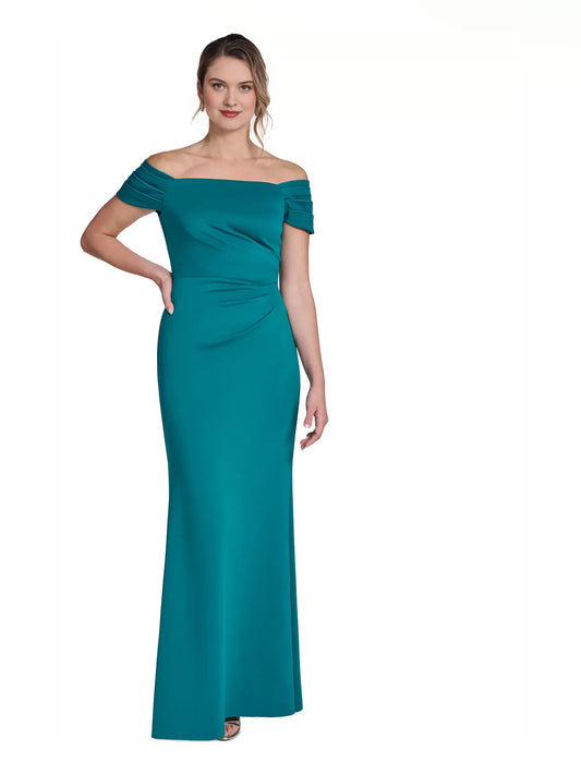 Teal mermaid floor-length formal dress with off-the-shoulder neckline, full-length front view