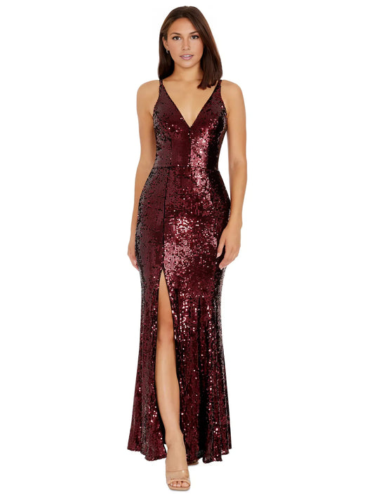 Burgundy mermaid floor-length formal dress with V-neckline, full-length front view