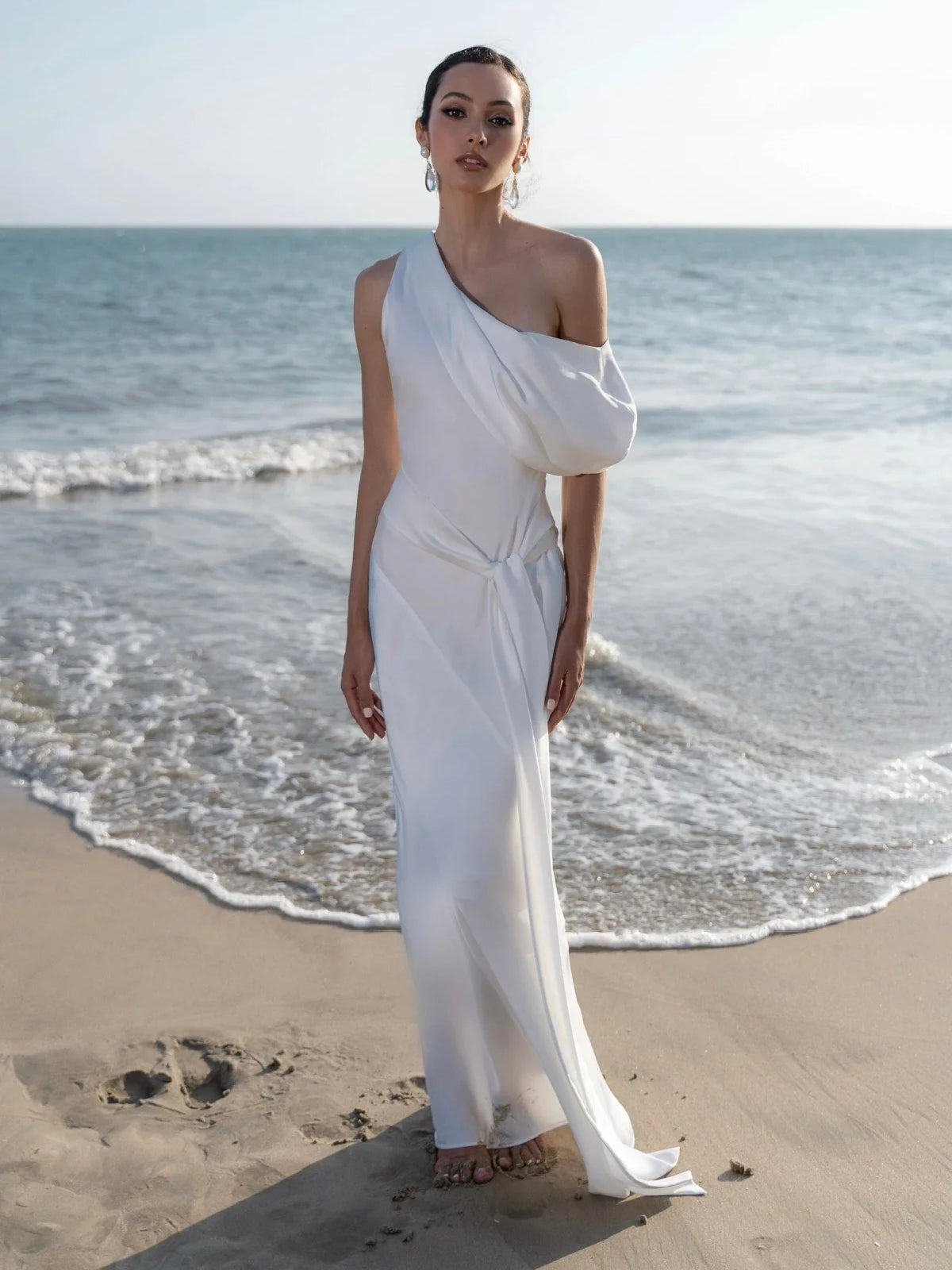 White midi wedding dress, front view showing the sheath silhouette