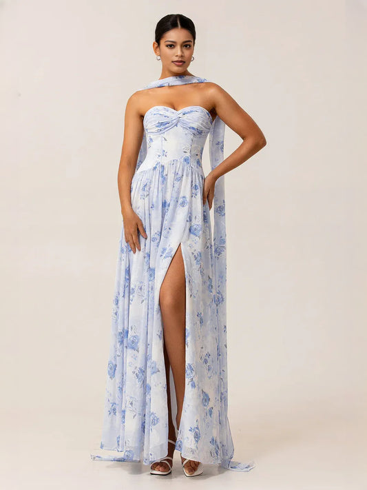Blue maxi bridesmaid dress, front view showing the a-line silhouette