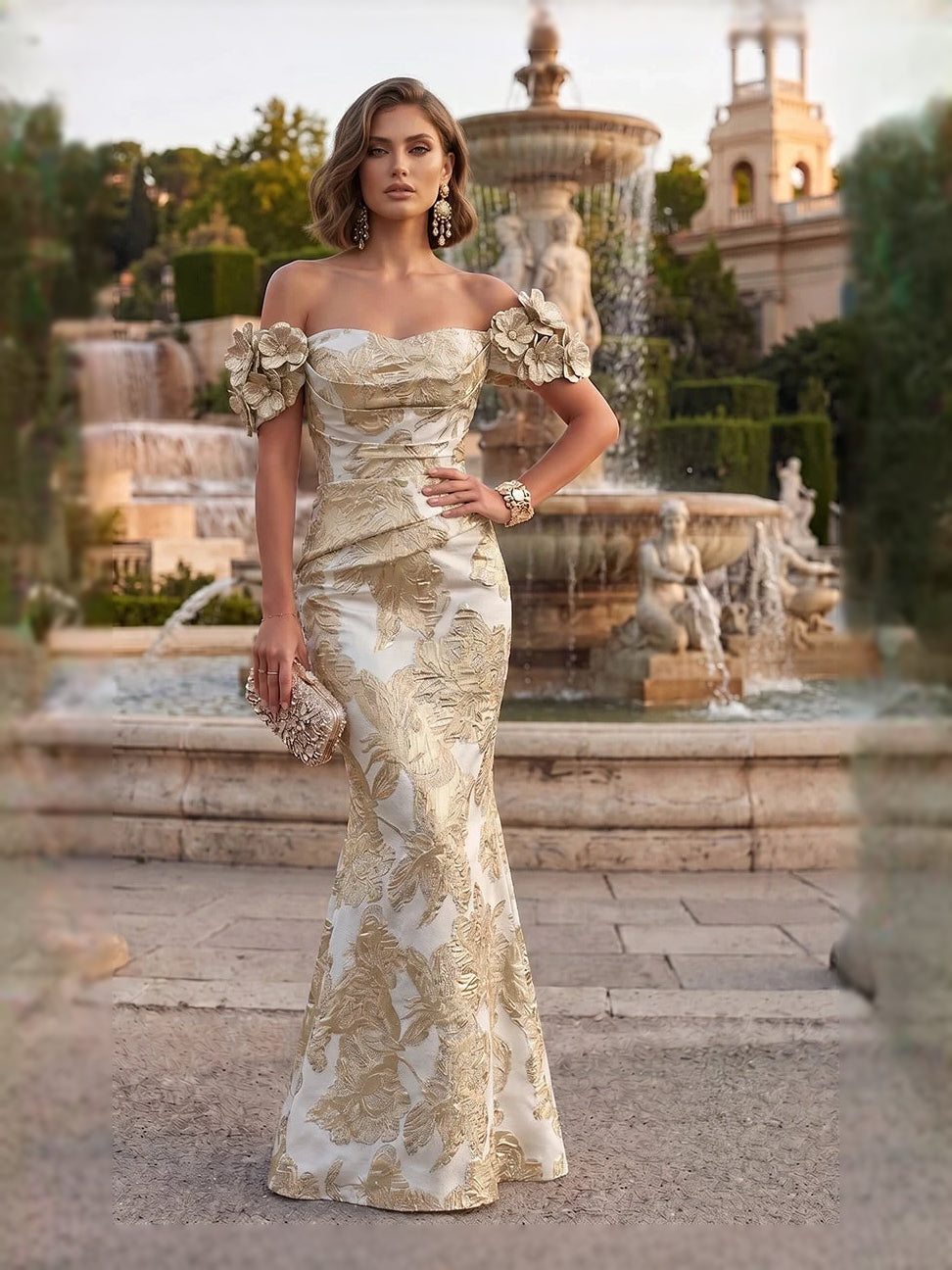 Champagne floor-length mother of the bride dress, front view showing the mermaid silhouette
