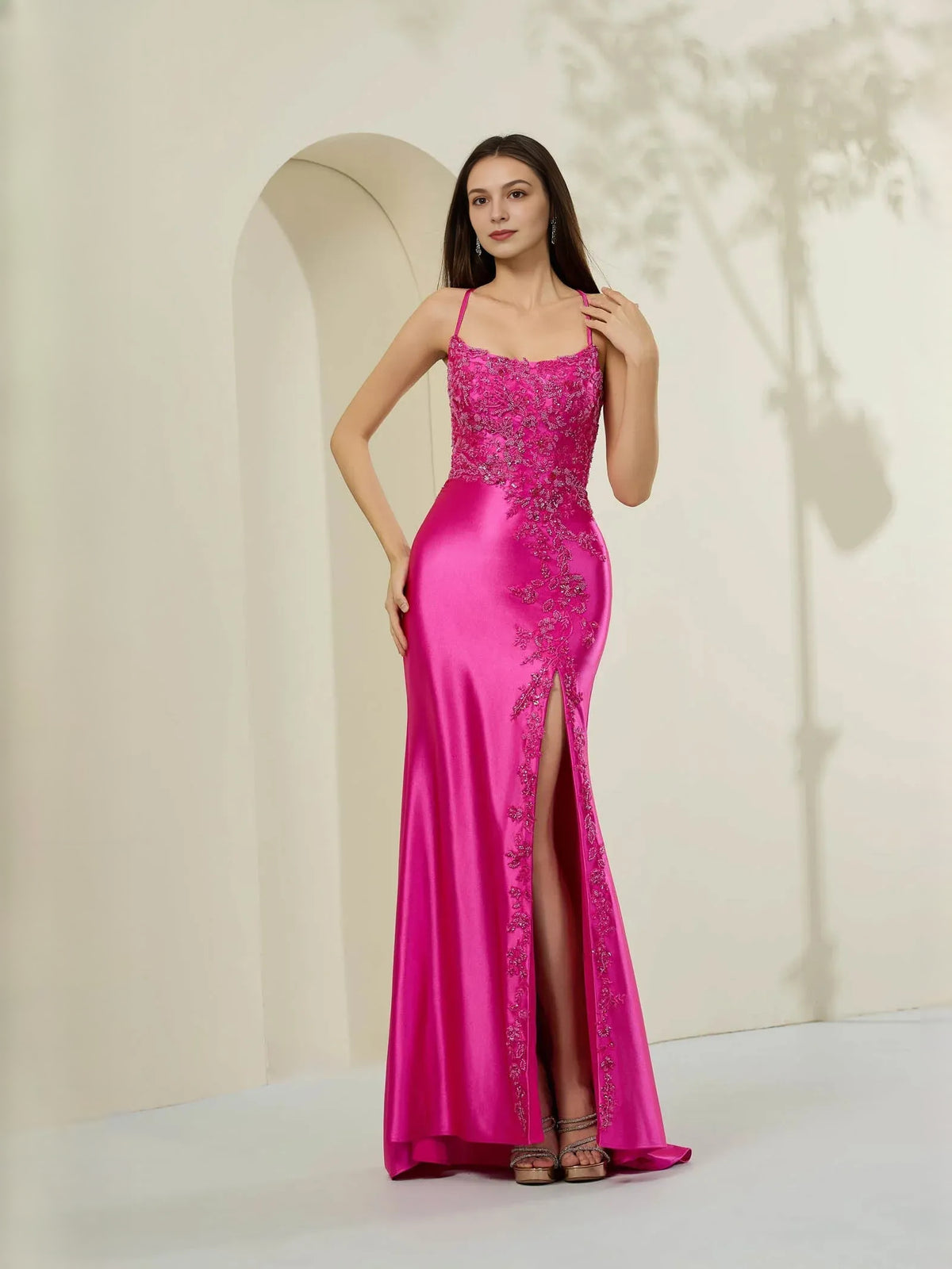 Fuchsia a-line floor-length formal dress with off-the-shoulder neckline, full-length front view