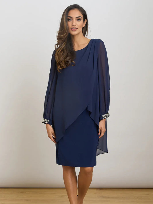 Dark Navy floor-length mother of the bride dress, front view showing the sheath silhouette