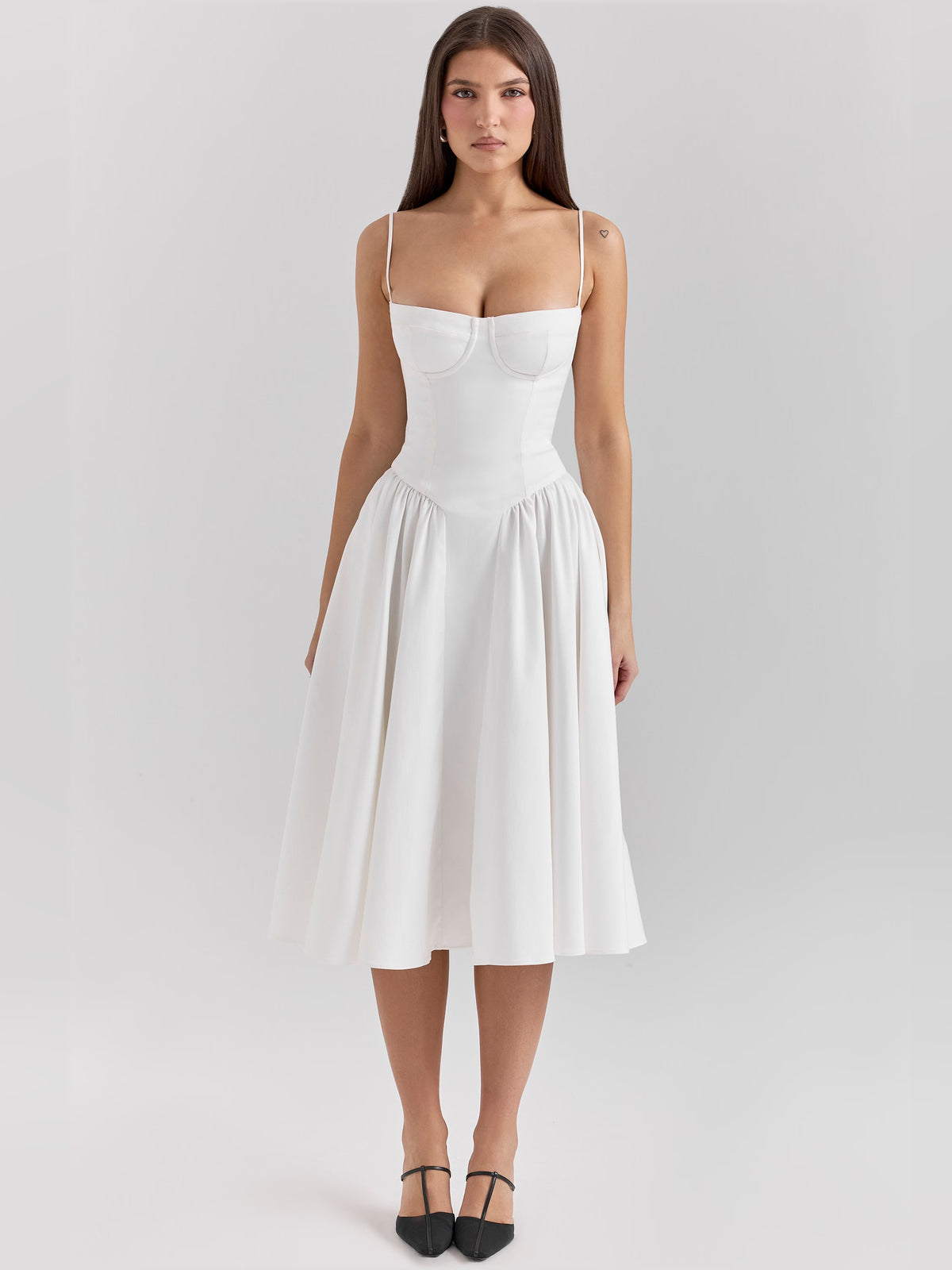 White midi formal dress with corset-style bodice, full-length front view