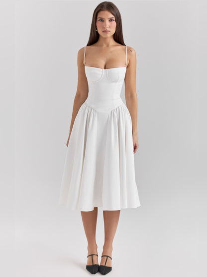 White midi formal dress with corset-style bodice, full-length front view