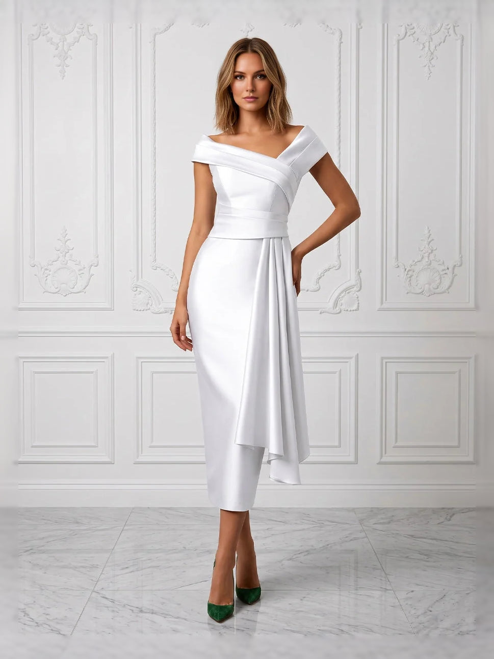 White midi mother of the bride dress, front view showing the sheath silhouette