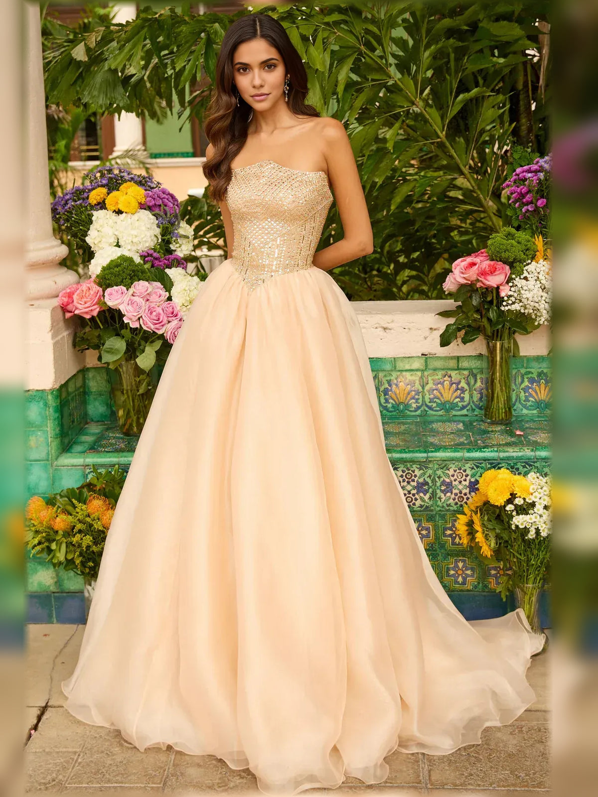 Gold floor-length formal dress with strapless neckline, full-length front view