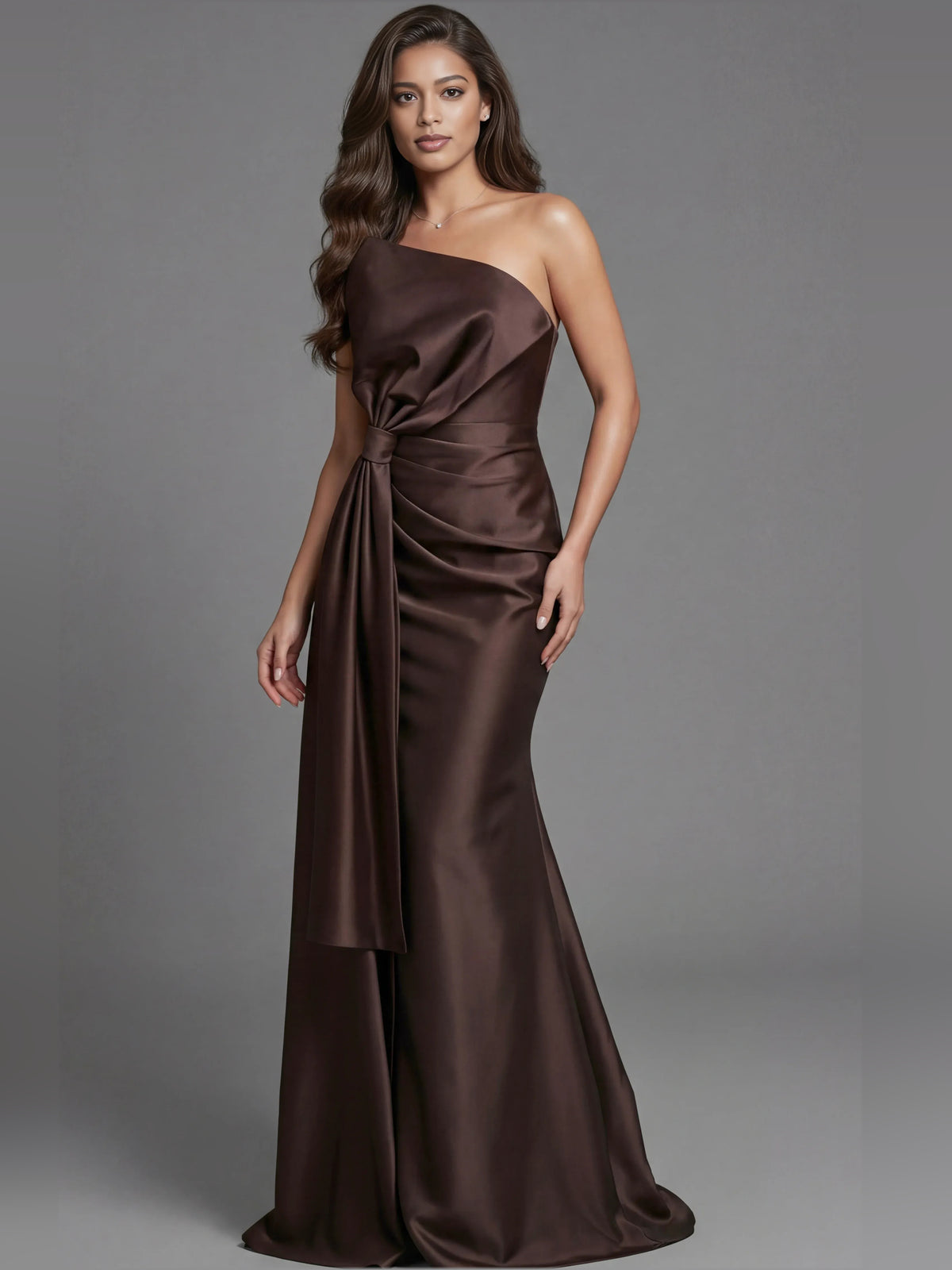 Chocolate mermaid floor-length formal dress with one-shoulder neckline, full-length front view