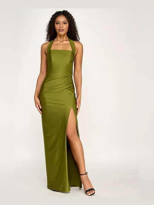 Moss mermaid floor-length formal dress with halter neckline, full-length front view