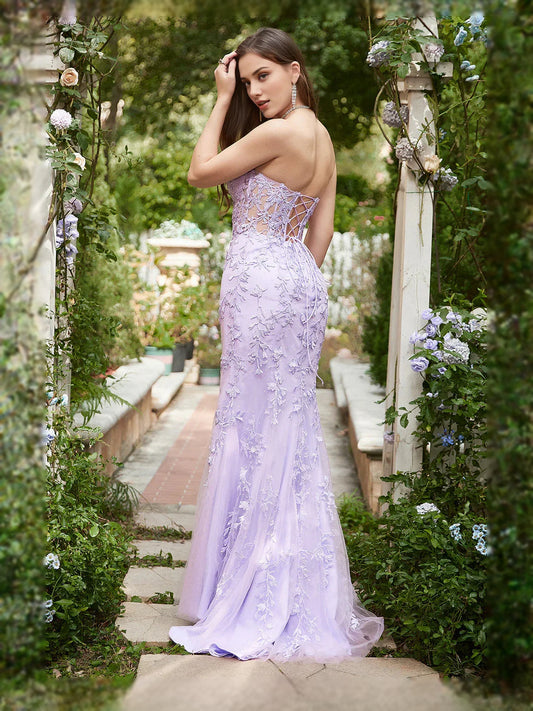 Lilac floor-length prom dress, front view showing the mermaid silhouette