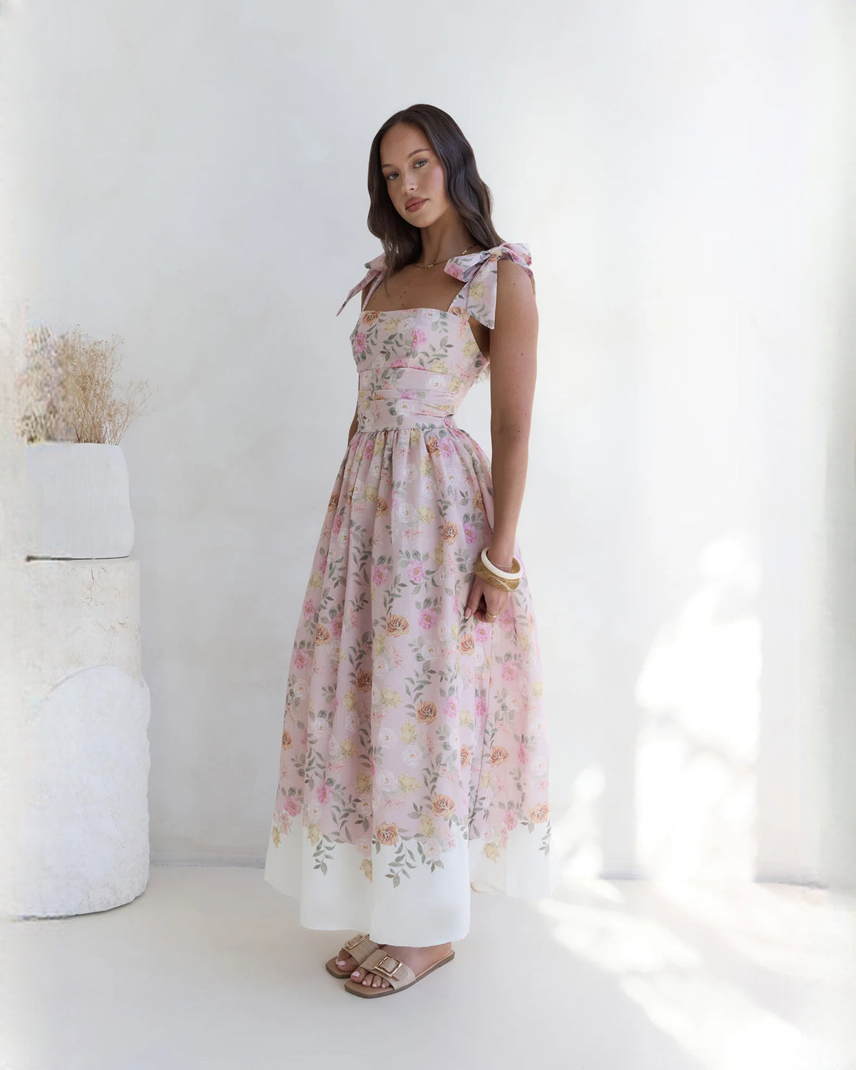 sleeveless satin a-line maxi bridesmaid dress - image 1