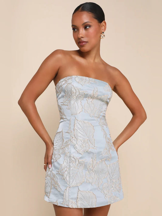 Slate Blue mini homecoming dress, front view showing the silhouette