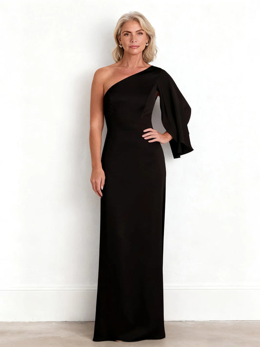 Black floor-length mother of the bride dress, front view showing the sheath silhouette
