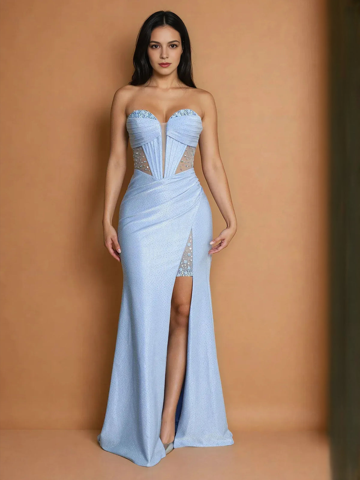 Light Blue floor-length prom dress, front view showing the mermaid silhouette