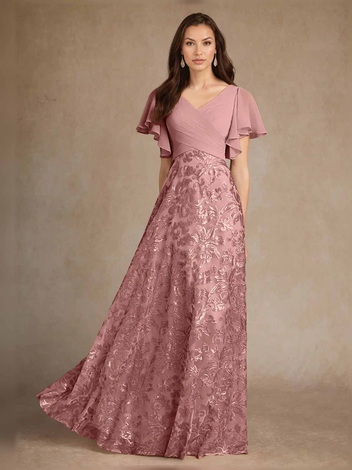 Dusty Rose maxi mother of the bride dress, front view showing the a-line silhouette