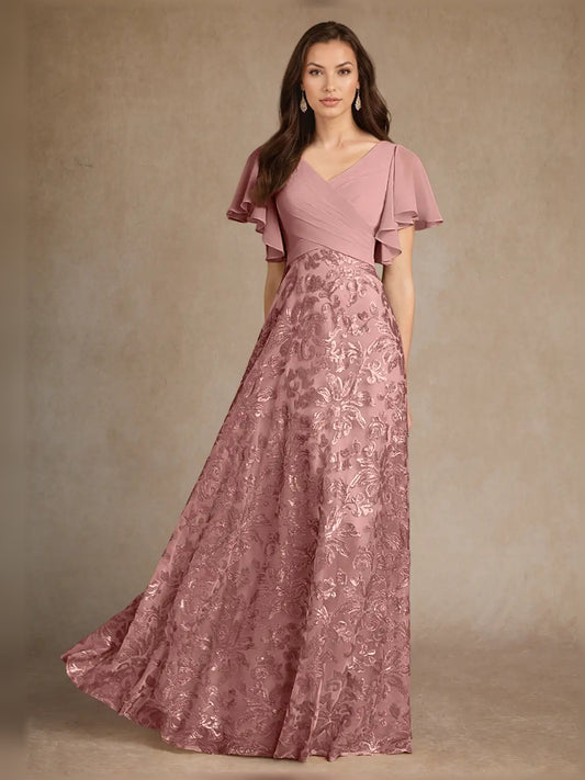 Dusty Rose maxi mother of the bride dress, front view showing the a-line silhouette