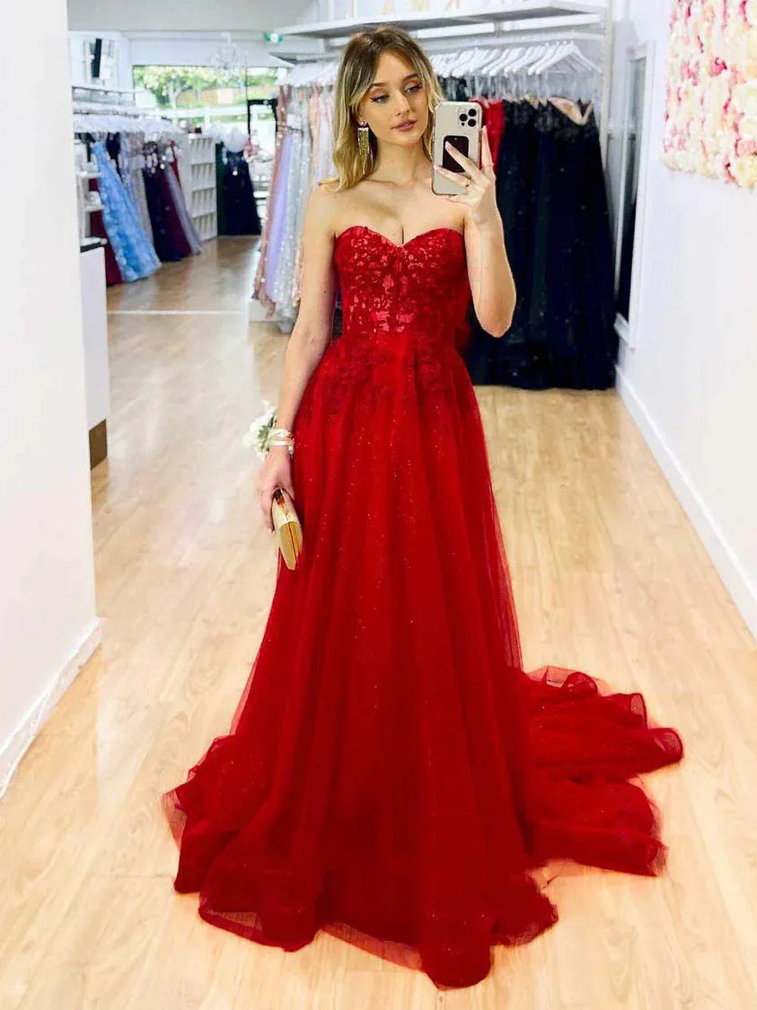 Red maxi prom dress, front view showing the a-line silhouette