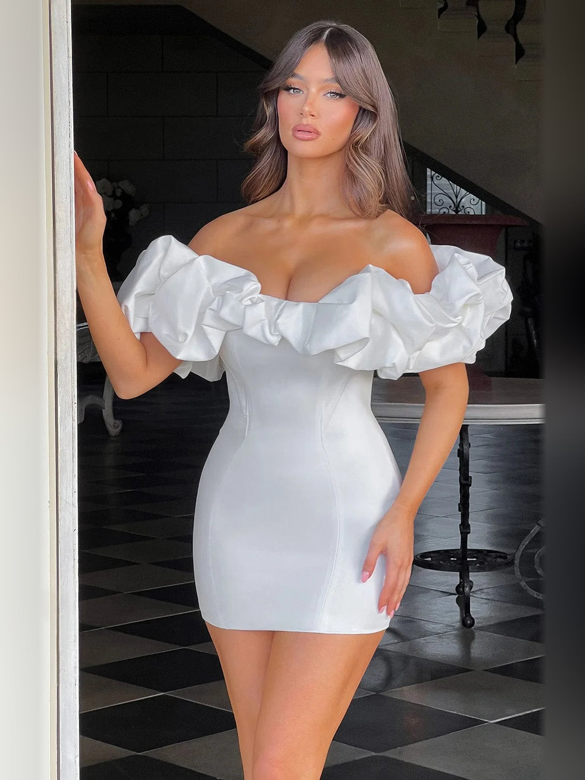 White mini homecoming dress, front view showing the silhouette