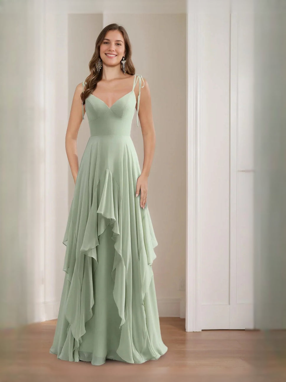 Mint Green maxi prom dress, front view showing the a-line silhouette