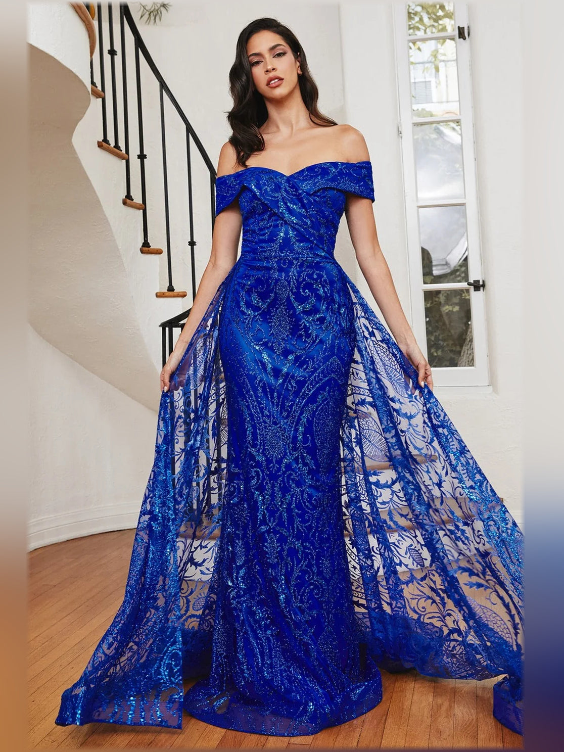 Royal Blue mermaid floor-length formal dress with off-the-shoulder neckline, full-length front view