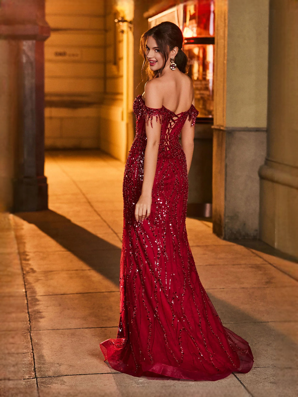 Burgundy maxi prom dress, front view showing the a-line silhouette
