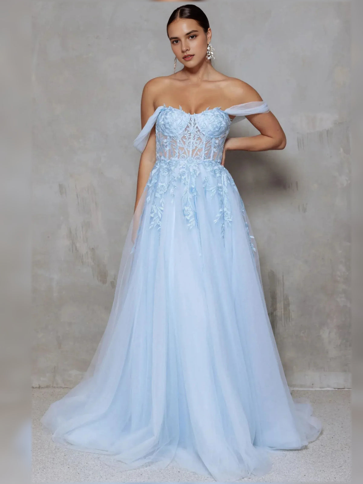 Sky Blue a-line maxi formal dress with off-the-shoulder neckline, full-length front view