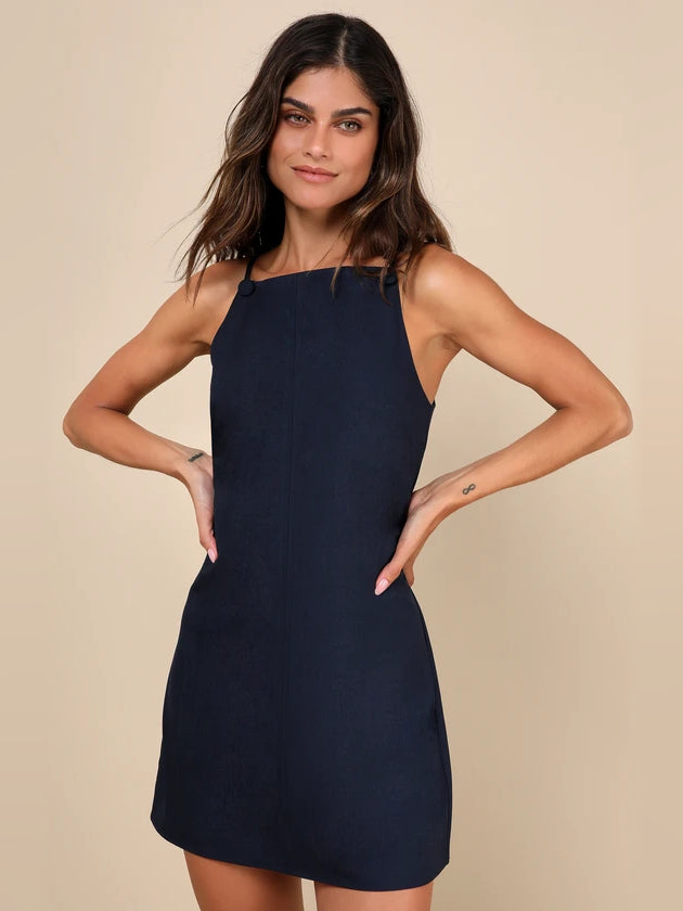Navy Blue mini homecoming dress, front view showing the silhouette