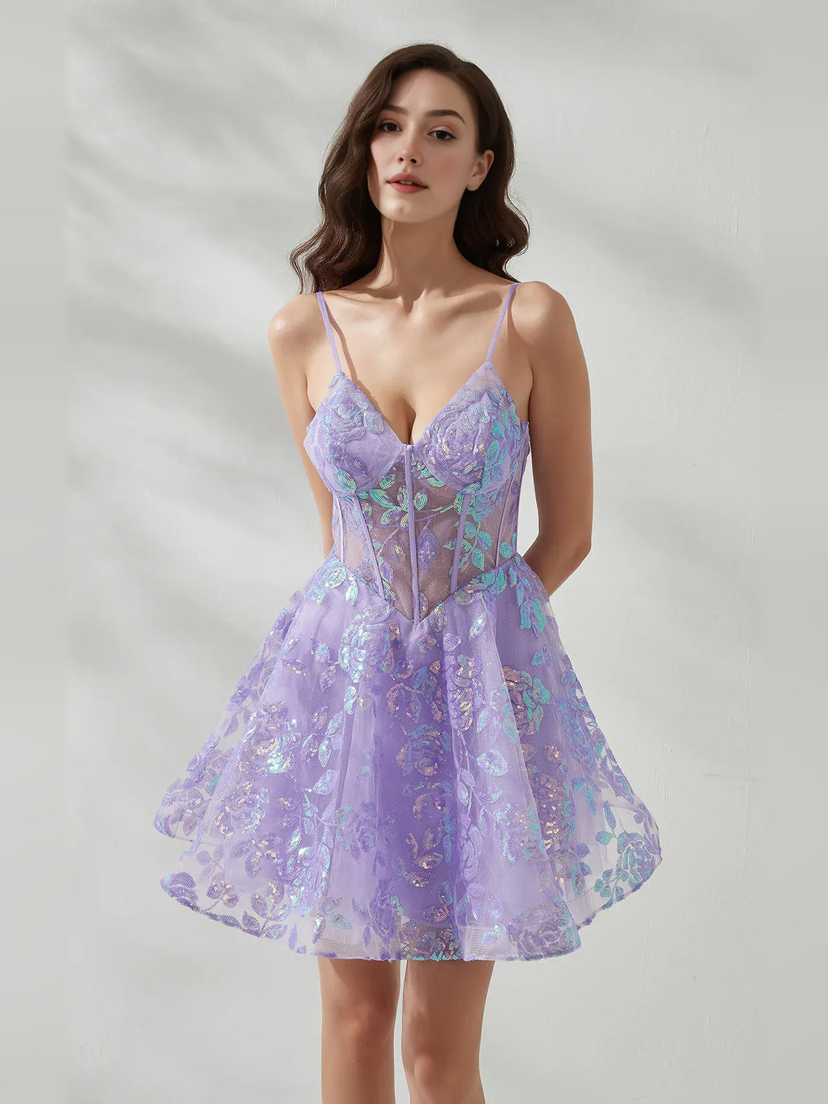 Lilac mini homecoming dress, alternate view showing the full-length silhouette