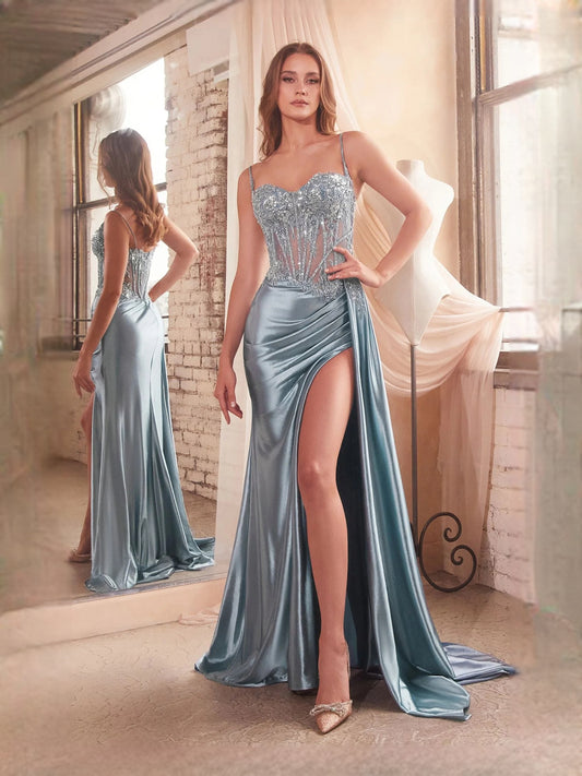 Dusty Blue floor-length prom dress, front view showing the mermaid silhouette