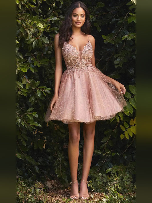 Pink mini homecoming dress, alternate view showing the full-length silhouette