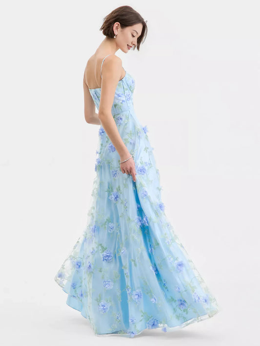 Light Blue floor-length prom dress, front view showing the a-line silhouette