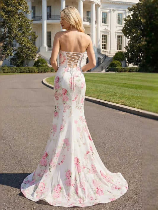Floral floor-length prom dress, front view showing the mermaid silhouette