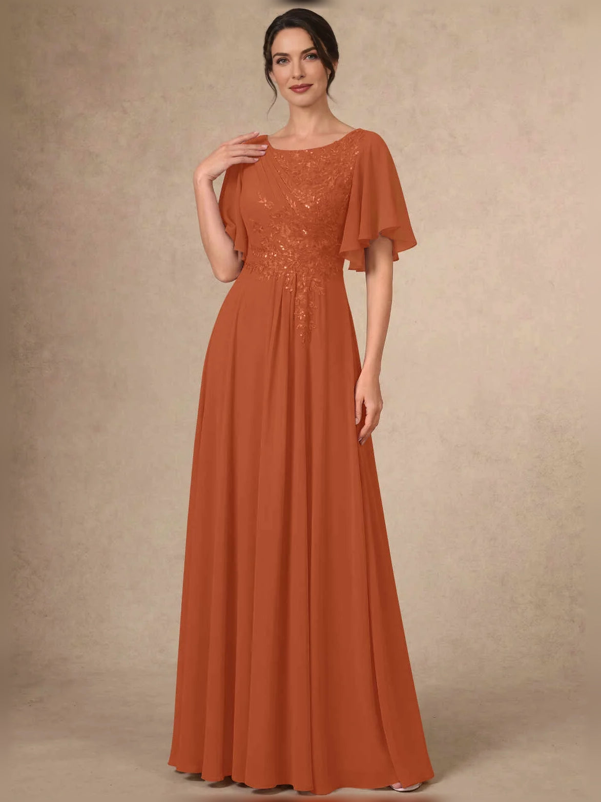Burnt Orange maxi mother of the bride dress, front view showing the a-line silhouette