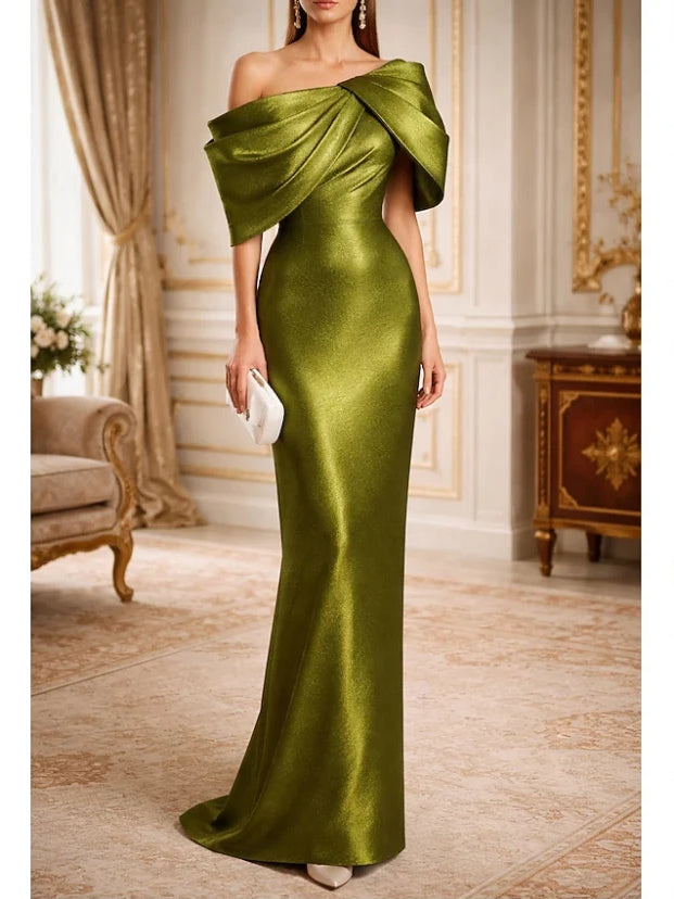 Olive Green mermaid floor-length formal dress with one-shoulder neckline, full-length front view
