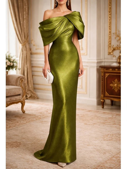 Olive Green mermaid floor-length formal dress with one-shoulder neckline, full-length front view