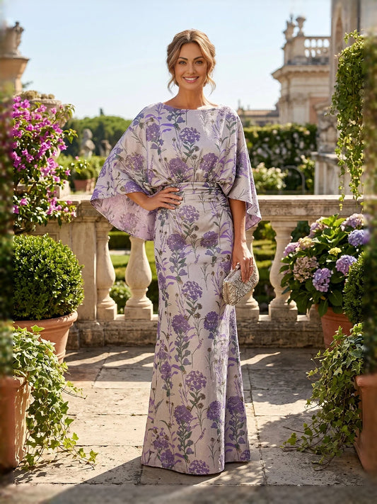 Lavender midi mother of the bride dress, front view showing the a-line silhouette