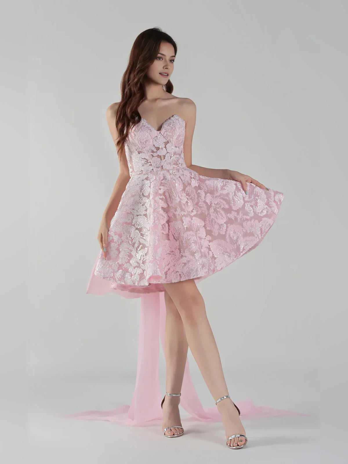 Light Pink mini homecoming dress, alternate view showing the full-length silhouette